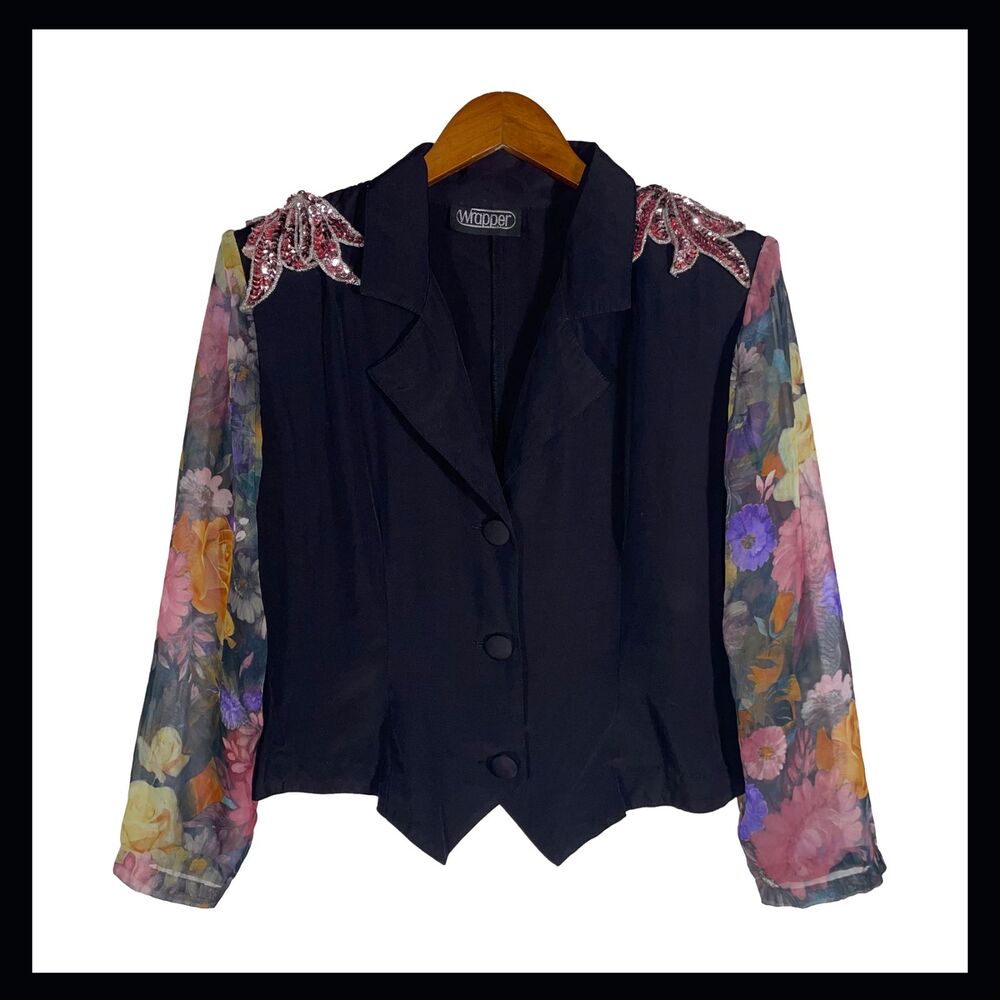 Vintage Pink Sequin Shoulder Floral Sleeve Blazer Black Sheer 80s Wrapper USA